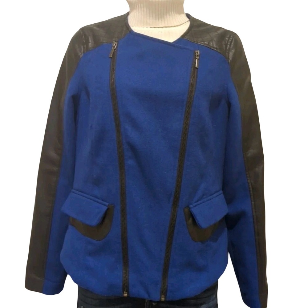 Yoki New York Blue wool blend Black‎ Moto Jacket Faux Leather Zipper Pockets  S